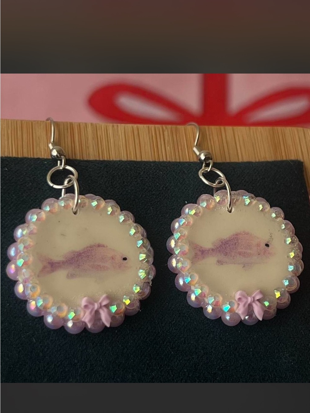 Pastel Pink Fish Clay Charm Earrings with Iridescent Beads